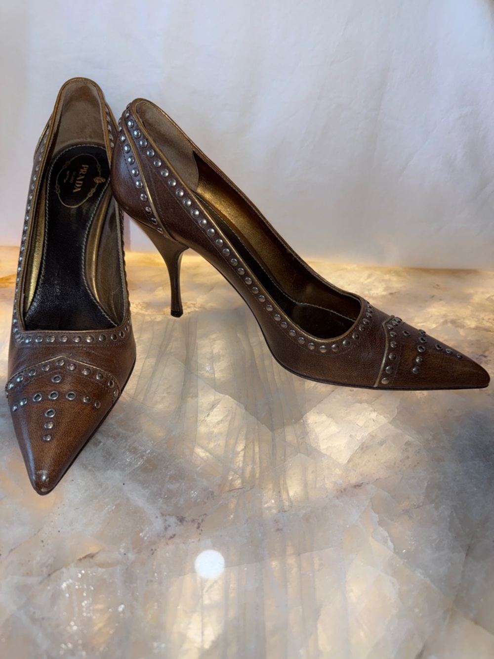 Prada Brown Studded Pointed Leather Pumps - Picture 3 of 9